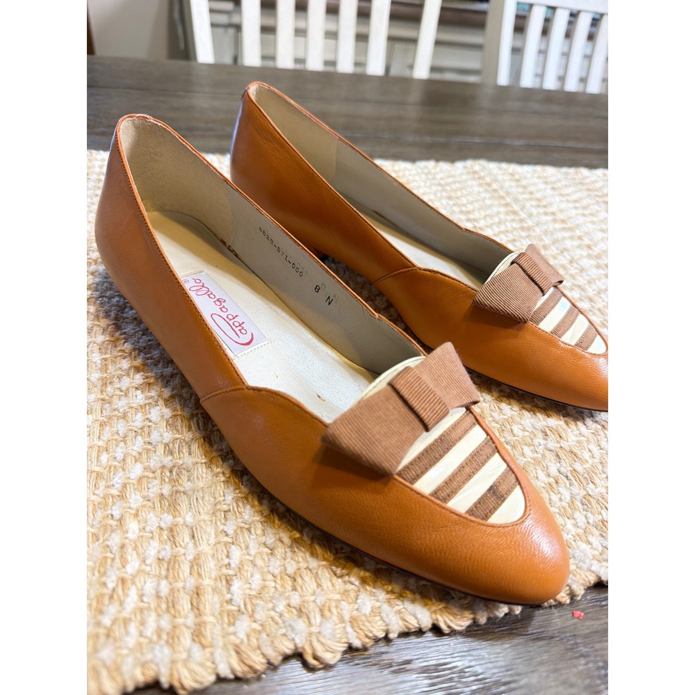 Pappagallo VTG 1960's Cognac Leather Carmamel Brown Grosgrain Bow Dress Shoes 8N